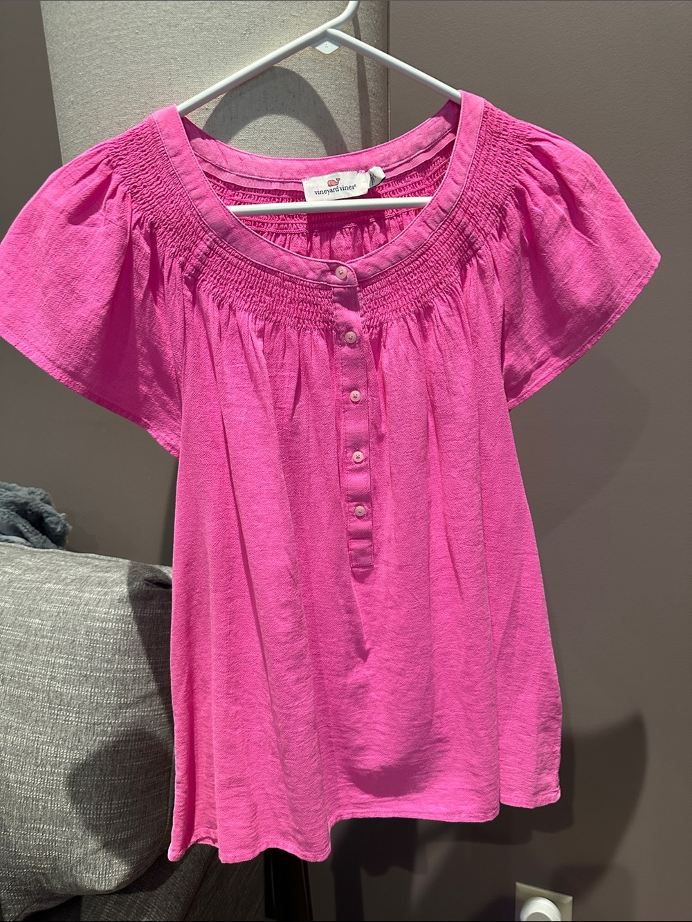 Vineyard Vines Hot Pink Short-Sleeve Smocked Yoke Blouse